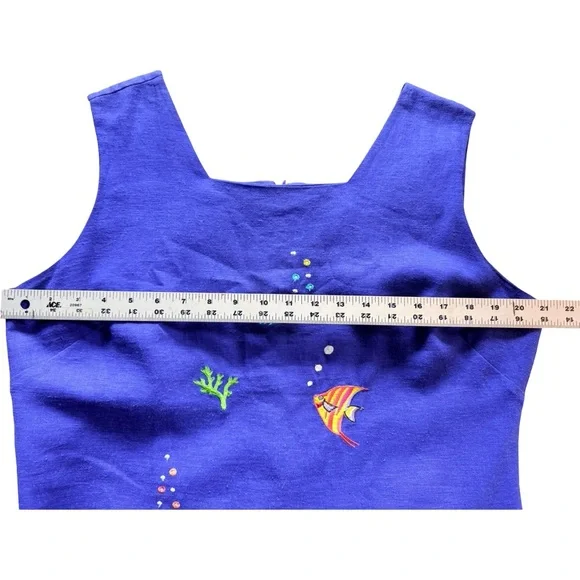Cobalt Blue Linen Blend Fish Embroidered Shift Dress Coastal 16P - Picture 6 of 11